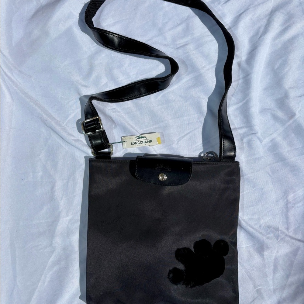 Longchamp Black Messenger Bag W/ Fur Paw Print